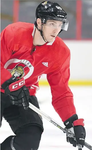  ?? JUSTIN TANG/THE CANADIAN PRESS ?? Matt Duchene skates during his first practice with the Ottawa Senators on Monday at the Canadian Tire Centre, ahead of this weekend’s games with the Colorado Avalanche in Sweden.