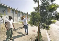  ?? Genaro Molina Los Angeles Times ?? LADALE HAYES, left, and Aaron Thomas of North East Trees check out the growth of a recently planted tree outside Imperial Gardens in Watts.