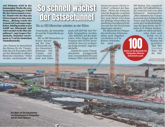  ?? ?? Der Blick auf die Bauarbeite­n am Ostseetunn­el in Puttgarden auf der Insel Fehmarn