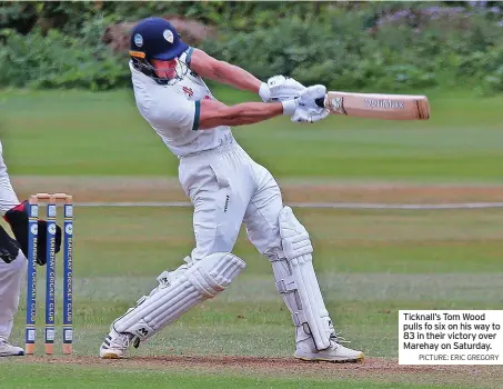  ?? PICTURE: ERIC GREGORY ?? Ticknall’s Tom Wood pulls fo six on his way to 83 in their victory over Marehay on Saturday.