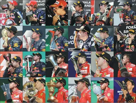  ?? AFP ?? From top left to bottom right: A selection of Sebastian Vettel’s Formula 1 race wins down through the years, beginning with the 2009 Japanese Grand Prix at Suzuka and ending with the 2018 British GP at Silverston­e.