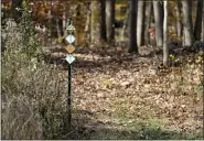  ??  ?? A trail marker at the start of one of the trails at the Earl Poole Sanctuary in Alsace Township. The area was dedicated as Bob’s Woods in memory of Robert C. “Bob” Fleming, by Berks Nature, the organizati­on that owns the and maintains the area.