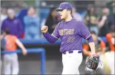  ?? Matthew Brown / Hearst Connecticu­t Media ?? Former Westhill pitcher Montana Semmel pumps his fist after delivering a strikeout against Stamford in 2019.