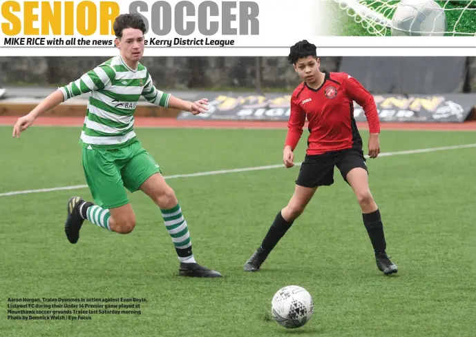  ??  ?? Aaron Horgan, Tralee Dyanmos in action against Evan Boyle, Listowel FC during their Under 14 Premier game played at Mounthawk soccer grounds Tralee last Saturday morning Photo by Domnick Walsh / Eye Focus