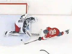  ?? AFP ?? Florida’s Anton Lundell scores against Columbus goalie Joonas Korpisalo.