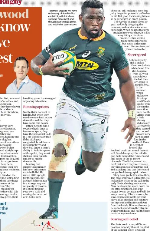  ??  ?? Talisman: England will have to be wary of South Africa captain Siya Kolisi whose speed of movement and thought can change games and inspire his team-mates
