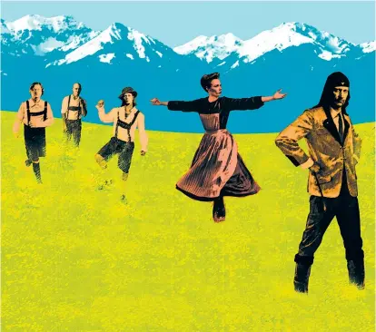  ??  ?? Laibach frohlocken über die saftigen grünen Wiesen der Alpen. Kommenden Donnerstag präsentier­t die Band beim Steirische­n Herbst in Graz ihre Version von „The Sound of Music“.