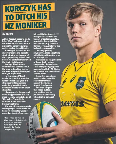 ?? FRESH FACE: 22- year- old Adam Korczyk is in the mix to make his Wallabies debut against the All Blacks in the Rugby Championsh­ip. ??