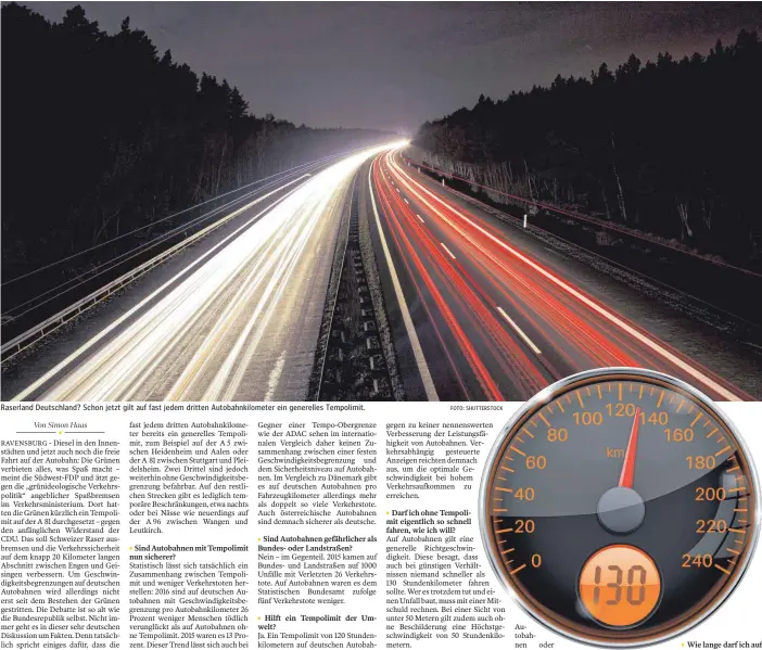  ?? FOTO: SHUTTERSTO­CK ?? Raserland Deutschlan­d? Schon jetzt gilt auf fast jedem dritten Autobahnki­lometer ein generelles Tempolimit.