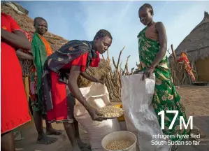  ?? AFP ?? refugees have fled South Sudan so far A group of women share maize distribute­d as food aid in South Sudan. According to the UNHCR, Dubai’s relief shipment is an important component of the needed internatio­nal response. —