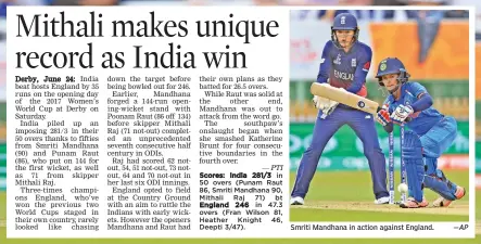  ?? — PTI —AP ?? Smriti Mandhana in action against England.