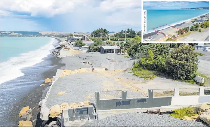  ?? Picture: BAYLEYS NZ ?? The seafront half of the land is now part of the sea due to erosion. Inset: The block of land in the Hastings suburb Haumoana is in a coastal hazard zone.