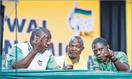  ??  ?? Pointers to the future: ANC president Cyril Ramaphosa, deputy president David Mabuza and treasurer general Paul Mashatile in discussion at the ANC’s 54th conference. Photo: Delwyn Verasamy