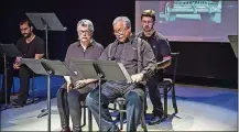  ?? FABIAN / CONTRIBUTE­D ART ?? (From left) Brennan Paulin, Pam McGinnis, Saul Caplan, and Spencer Berta in the staged reading of playwright Jim Geoghan’s comedy “Of Men and Cars,” the 2018 Dayton Playhouse FutureFest winner and Audience Favorite. This year’s 29th annual festival, featuring two returning playwright­s including a past winner, is slated July 19-21.