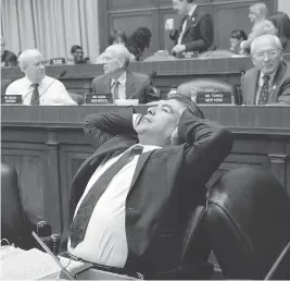  ?? J. SCOTT APPLEWHITE / THE ASSOCIATED PRESS ?? House Energy and Commerce Committee member Rep. Tony Cardenas, D-Calif., stretches after working through the night arguing the details of the Republican Party’s controvers­ial Obamacare replacemen­t bill Thursday on Capitol Hill.