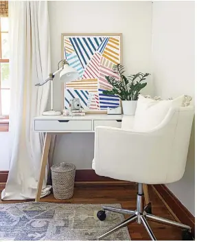  ??  ?? |ABOVE LEFT| STUDY IN STYLE. Printable artwork from Juniper Print Shop and a white swivel chair from World Market complete this whimsical yet classy study space for Angela’s daughter.