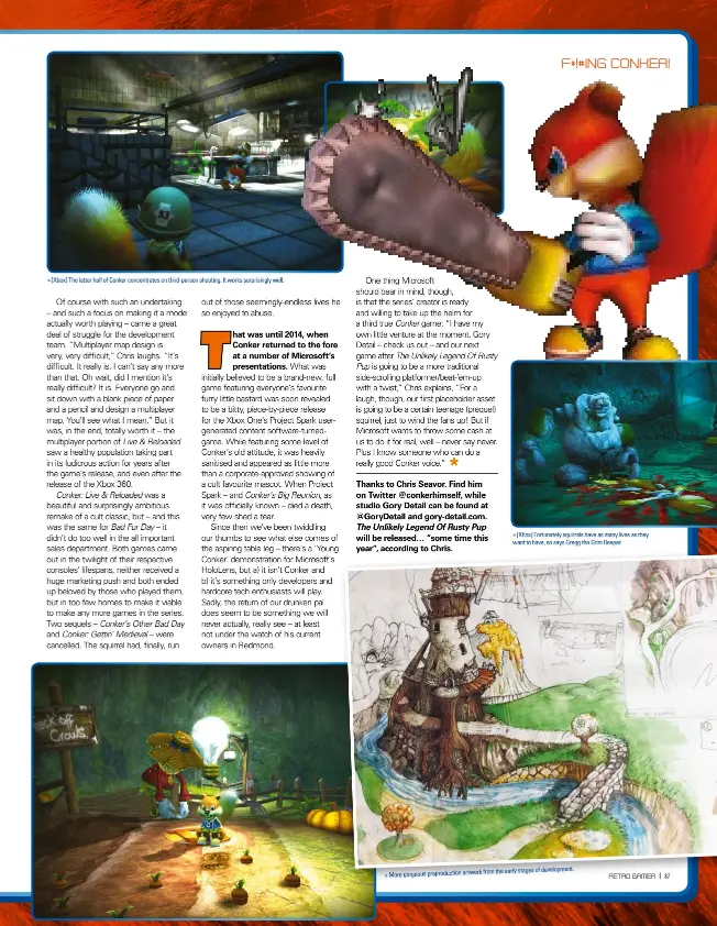  ??  ?? » [Xbox] The latter half of Conker concentrat­es on third-person shooting. It works surprising­ly well. » [Xbox] Fortunatel­y squirrels have as many lives as they want to have, so says Gregg the Grim Reaper. from the early stages of developmen­t. » More...