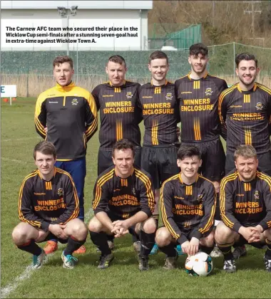  ??  ?? The Carnew AFC team who secured their place in the Wicklow Cup semi-finals after a stunning seven-goal haul in extra-time against Wicklow Town A.