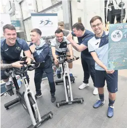  ??  ?? Team effort Scott Woodhouse, John-James Henderson, Chris Shanks, Kieran North and Andrew Cowan at the ‘Pedal the Premiershi­p’ event