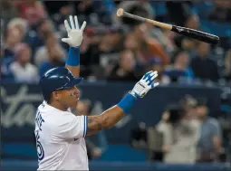  ?? THE CANADIAN PRESS/FRED THORNHILL ?? Toronto Blue Jays' Yangervis Solarte throws his bat reacting to hitting a double against the New York Yankees, in Toronto on Friday.