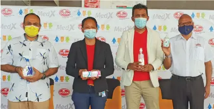  ?? Photo: Nicolette Chambers ?? From left: Punjas Group director, Chetan Punja, Acting Head of Department at Lautoka Hospital’s Emergency Department, Dr Mafa Lokenga, Divisional Health Inspector West, Rakesh Kumar and Punjas Group Marketing Manager, Gopal Jadhav during the Global Handwashin­g Day 2021 celebratio­ns at the Ocean Soaps Pte Limited factory in Navutu, Lautoka on October 15, 2021.