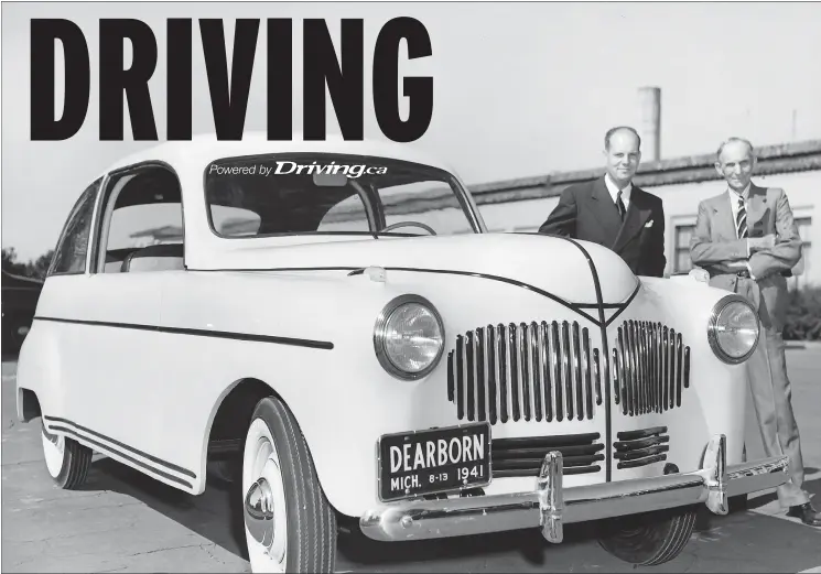  ??  ?? American industrial­ist Henry Ford, right, and chemist Robert A. Boyer stand next to the first Ford automobile to feature a plastic body, the Soybean car, in Dearborn, Michigan.