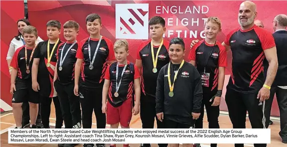  ?? ?? Members of the North Tyneside-based Cube Weightlift­ing Academy who enjoyed medal success at the 2022 English Age Group Championsh­ips. Left to right: Assistant coach Tina Shaw, Ryan Grey, Kourosh Mosavi, Vinnie Grieves, Alfie Scudder, Dylan Barker, Darius Mosavi, Leon Moradi, Ewan Steele and head coach Josh Mosavi