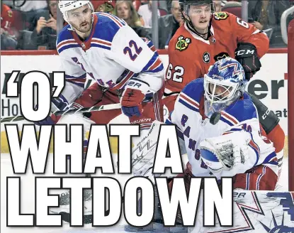  ?? Getty Images ?? DOING ALL HE CAN: Henrik Lundqvist makes a save against Chicago in a 4-1 loss on Thursday. Even though The King has been playing well enough to give the Rangers a shot, they still need to score more to win.