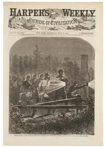  ??  ?? After Winslow Homer, engraved by unidentifi­ed artist, Rebels Outside Their Works at Yorktown Reconnoitr­ing with Dark Lanterns - Sketched by Mr. Winslow Homer, 1862. Wood engraving and letterpres­s on off-white laid paper, block: 10/ x 9/ in., sheet: 16 x 10/ in. Harvard Art Museums/fogg Museum. Gift of W. G. Russell Allen. M9303.