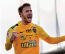  ?? Bild: KRISTER ANDERSSON/BILDBYRÅN ?? MÅLSKYTT. Falkenberg­s Karl Söderström jublar efter 2–0-målet mot AFC Eskilstuna, vilket betydde FFF:S andra raka seger.