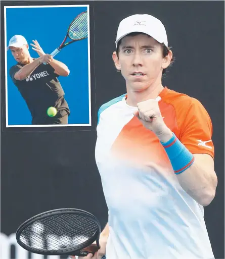  ??  ?? PAIRED UP: John-patrick Smith after winning a point during Australian Open qualifying and (inset) Lleyton Hewitt.