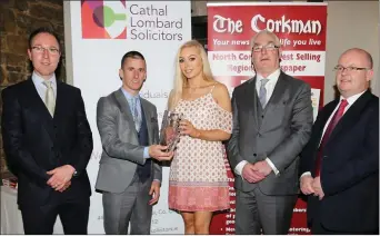  ??  ?? Ciara Buckley of Mallow Road Bowling Club and winner the Adult Sports category is pictured with guest of honour Rob Heffernan, Cathal Lombard Solicitor (Sponsor), Billy Mangan (Corkman Sales Executive), and Sean Leahy (Mallow & District Sports and...