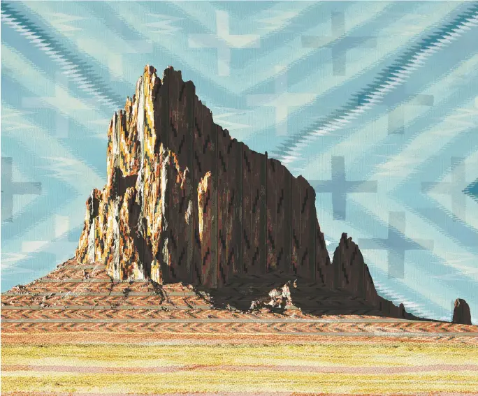  ??  ?? Shiprock (2018), detail, archival print on pearl paper, scanned Navajo textiles; opposite page, Abiquiu (2018), mixed media, relief print, oil pastel, oil paint; inset, Darby Raymond-Overstreet, courtesy the artist