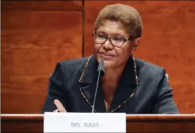  ?? THE ASSOCIATED PRESS ?? Rep. Karen Bass, D-Calif., speaks during a House Judiciary Committee meeting on Capitol Hill on June 17, in Washington. The potential ascendancy of Sen. Kamala Harris to the vice presidency next year has kicked off widespread speculatio­n about who might replace her if Democrats seize the White House. California Gov. Gavin Newsom is already being lobbied by hopefuls and numerous names are emerging in the early speculatio­n. Bass, who was on Joe Biden’s vice presidenti­al short list, would likely get considerat­ion.