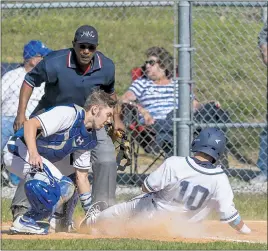  ?? PHOTO BY ROB WORMAN ?? La Plata’s Peytyn Gray gets tagged out at home plate by Lackey catcher Travis Bradley in the bottom of the third inning on Monday in the Class 2A South Region Section I baseball semifinals. The Warriors won the contest in five innings, 14-0.
