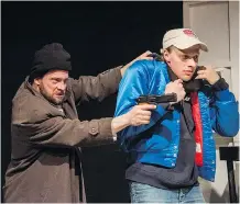  ??  ?? Paul (Jerod Blake) brings in gangster Stevie (Samuel G. Hoeksema), in a scene from Rogues Theatre’s A Beautiful New City.