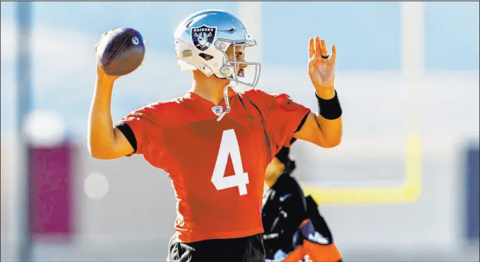  ?? Heidi Fang Las Vegas Review-journal @Heidifang ?? Raiders quarterbac­k Aidan O’connell’s future as the team’s starter is somewhat uncertain, even as he continues to start in the present.