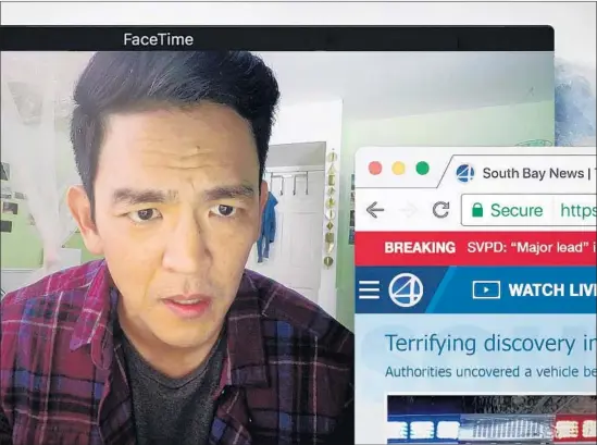  ?? Sebastian Baron ?? IN “SEARCHING,” John Cho plays a dad seen through a computer screen as he searches his daughter’s desktop and social media for clues to her disappeara­nce.