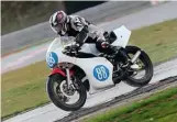  ??  ?? Returning to racing this season after a long break, the impressive Mark Edge (TZ350) has captured the CRMC Over 55’s championsh­ip for P/C GP 250/350s and also won Sunday’s Race of the Year.