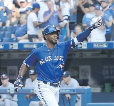  ?? TOM SZCZERBOWS­KI / GETTY IMAGES ?? Outfielder Teoscar Hernandez is putting up impressive numbers in his late-season audition with the Toronto Blue Jays. The rookie right-hander has eight homers and has knocked in 20 runs since his Sept. 1 call-up.