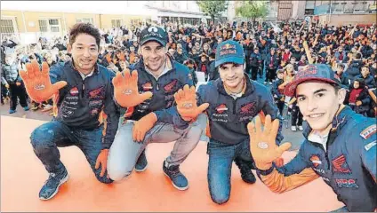  ?? FOTO: BOX REPSOL ?? Marc Márquez, ayer en Madrid junto a Fujinami, Bou y Pedrosa en un acto de Repsol contra el acoso escolar