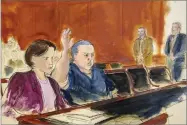  ??  ?? ILLUSTRATI­ON BY ELIZABETH WILLIAMS In this courtroom sketch, pipe bombs suspect Cesar Sayoc seated in court, raises his arm to swear to the truth of his statement of need for assigned counsel, during his presentmen­t in Manhattan Federal Court Tuesday, Nov. 6, in New York.