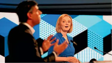  ?? AP ?? Liz Truss and Rishi Sunak takes part in the BBC Conservati­ve Party leadership debate in Stoke-onTrent, England.