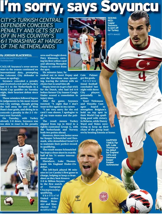  ??  ?? HAPPIER TIMES: Far left, Luke Thomas on his debut for England U21s and Denmark keeper Kasper Schmeichel