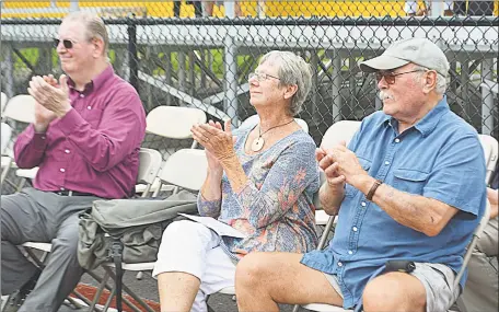  ?? Cassandra Day / Hearst Connecticu­t Media ?? Among those attending the dedication of the Pat Kidney Sports Complex at Woodrow Wilson Middle School on Friday are David Bauer, left, Middletown Republican registrar, Phil Pessoni, of Westbrook, Pat Kidney’s grandson, and a friend.