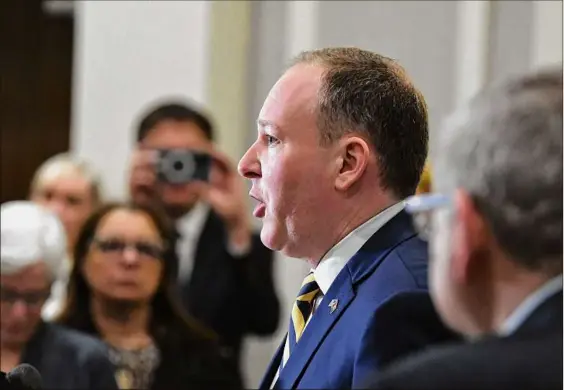  ?? Will Waldron / Times Union ?? Lee Zeldin, former congressma­n and state gubernator­ial candidate, holds a news conference Monday at the Albany Hilton during the Conservati­ve Party of New York’s political action conference where he criticized Gov. Kathy Hochul’s polices.