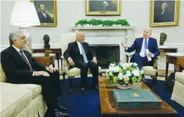  ?? (Jonathan Ernst/Reuters) ?? US PRESIDENT Joe Biden meets with Afghan President Ashraf Ghani (center) and chairman of Afghanista­n’s High Council for National Reconcilia­tion Abdullah Abdullah at the White House on Friday.
