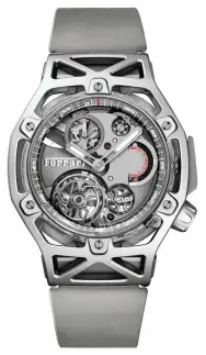  ??  ?? Hublot teamed with Ferrari for this Techframe limited-edition Ferrari 70 Years Tourbillon Chronograp­h in honor of the Italian carmaker’s 70th anniversar­y.為慶祝法拉利這個著名­意大利汽車製造商的7­0週年紀念， Hublot與法拉利­合作推出這款法拉利7­0週年限量版Tech­frame陀飛輪計時­腕錶。