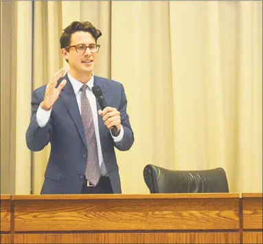  ?? Cassandra Day / Hearst Connecticu­t Media ?? Middletown Common Council member and head of the Democratic Town Committee Robert Blanchard removed his name from his party’s slate for the November election Thursday, citing increasing responsibi­lities at work. Here, Blanchard speaks to DTC membership ahead of their mayoral endorsemen­t vote July 18 at City Hall.