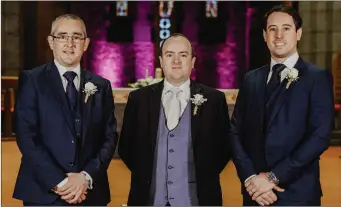  ??  ?? Groom John Gilhooley with his friends Michael Dorrigan (Bestman) and Jimmy Lynch (Groomsman).